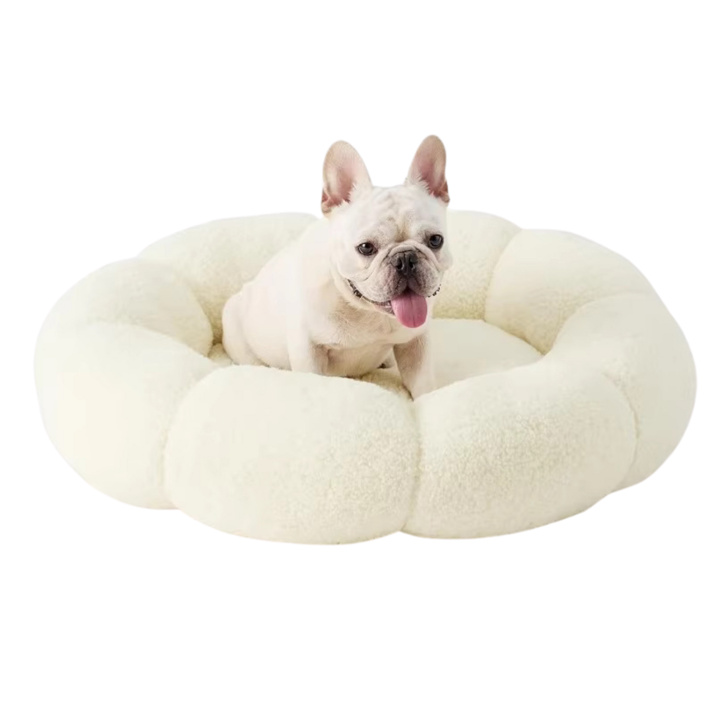 Calming Large Dog Bed - Fluffy Flower Donut Bed in Plush Teddy Sherpa with Non-Slip Base