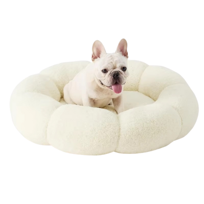 Calming Large Dog Bed - Fluffy Flower Donut Bed in Plush Teddy Sherpa with Non-Slip Base