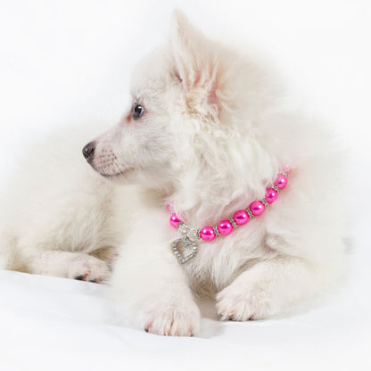 Collar para mascotas con corazón y perla de cristal: joyería artesanal para perros y gatos