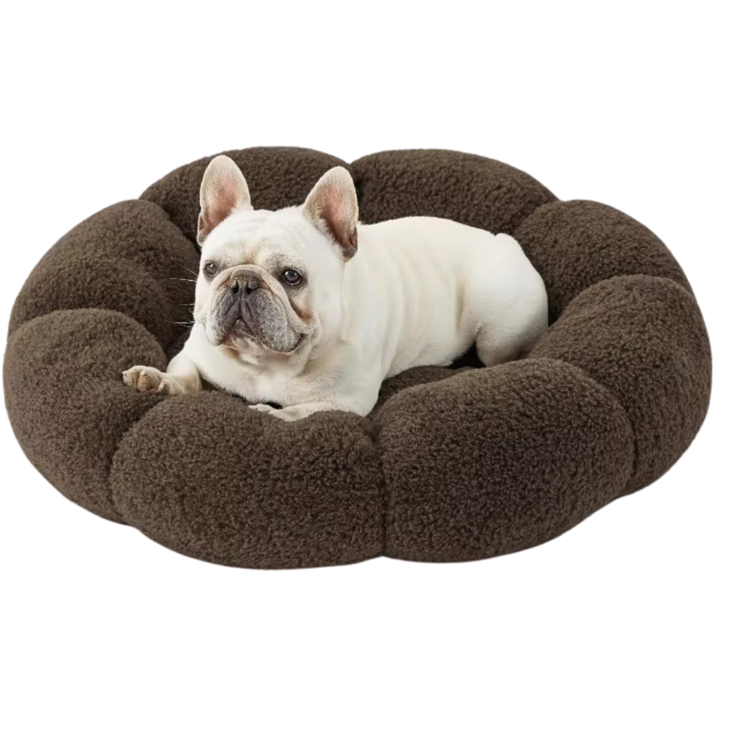 Calming Large Dog Bed - Fluffy Flower Donut Bed in Plush Teddy Sherpa with Non-Slip Base