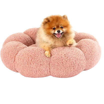 Calming Large Dog Bed - Fluffy Flower Donut Bed in Plush Teddy Sherpa with Non-Slip Base