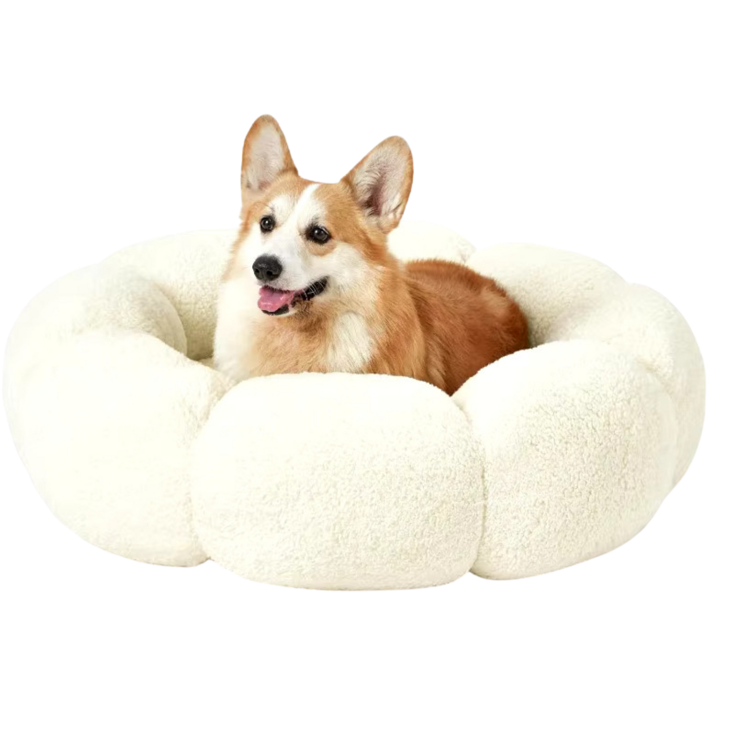 Calming Large Dog Bed - Fluffy Flower Donut Bed in Plush Teddy Sherpa with Non-Slip Base