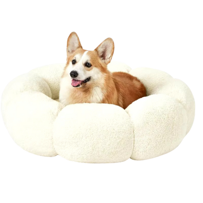 Calming Large Dog Bed - Fluffy Flower Donut Bed in Plush Teddy Sherpa with Non-Slip Base