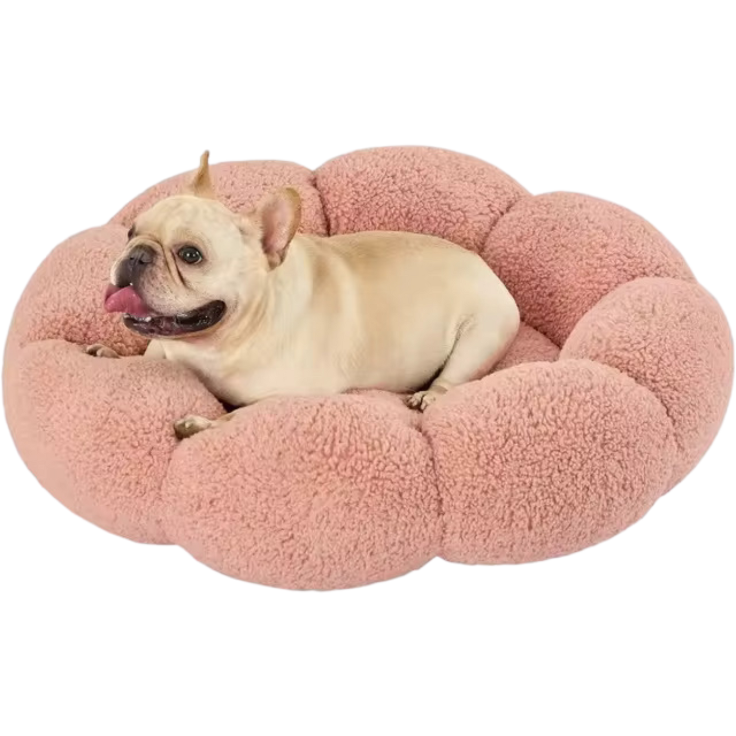 Calming Large Dog Bed - Fluffy Flower Donut Bed in Plush Teddy Sherpa with Non-Slip Base