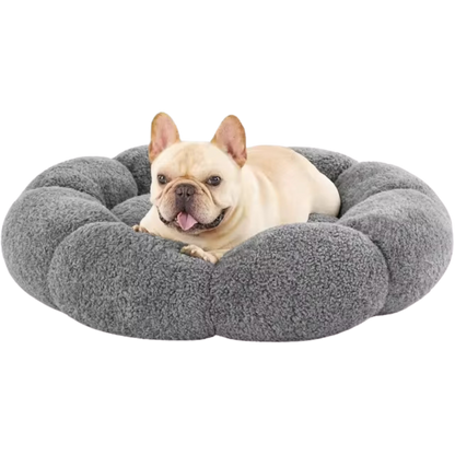 Calming Large Dog Bed - Fluffy Flower Donut Bed in Plush Teddy Sherpa with Non-Slip Base