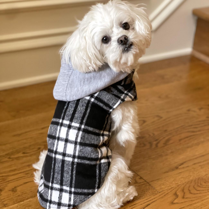 Sudadera con capucha para perro Weekender: franela a cuadros en blanco y negro