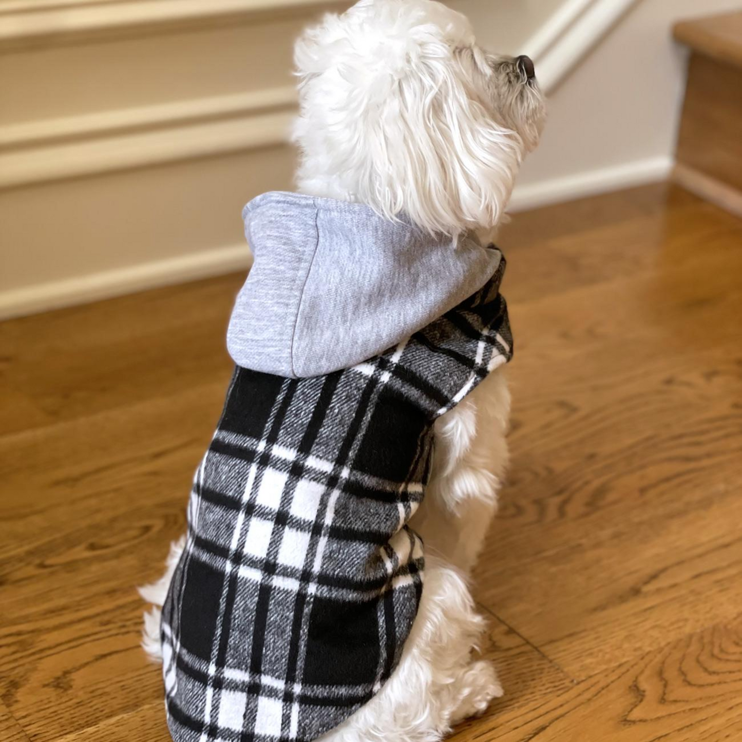 Sudadera con capucha para perro Weekender: franela a cuadros en blanco y negro