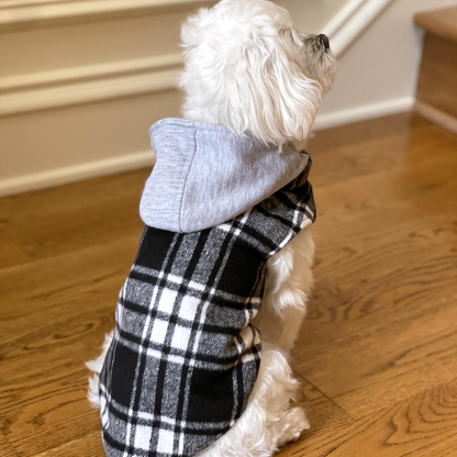 Sudadera con capucha para perro Weekender: franela a cuadros en blanco y negro