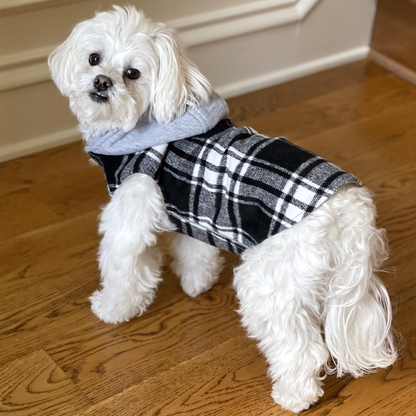 Sudadera con capucha para perro Weekender: franela a cuadros en blanco y negro