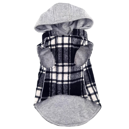 Sudadera con capucha para perro Weekender: franela a cuadros en blanco y negro