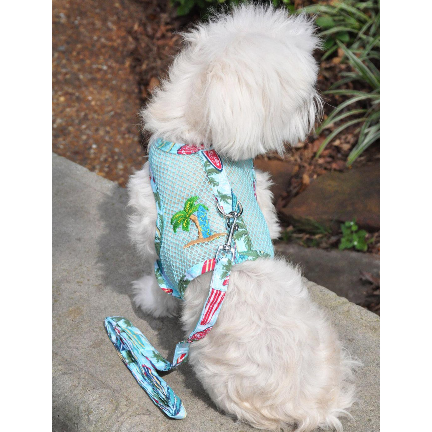 Cool Mesh Dog Harness with Matching Leash - Surfboards and Palms Design