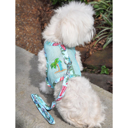 Cool Mesh Dog Harness with Matching Leash - Surfboards and Palms Design