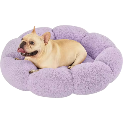 Calming Large Dog Bed - Fluffy Flower Donut Bed in Plush Teddy Sherpa with Non-Slip Base