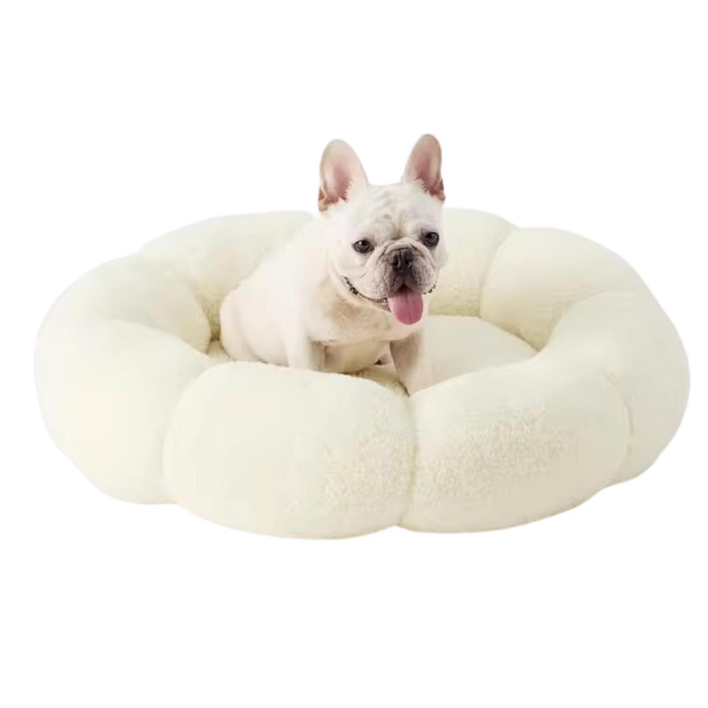 Calming Large Dog Bed - Fluffy Flower Donut Bed in Plush Teddy Sherpa with Non-Slip Base