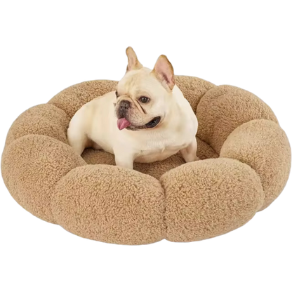 Calming Large Dog Bed - Fluffy Flower Donut Bed in Plush Teddy Sherpa with Non-Slip Base