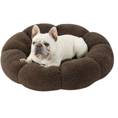 Calming Large Dog Bed - Fluffy Flower Donut Bed in Plush Teddy Sherpa with Non-Slip Base