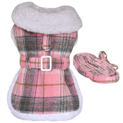 Sherpa-Lined Dog Harness Coat - Pink & White Plaid