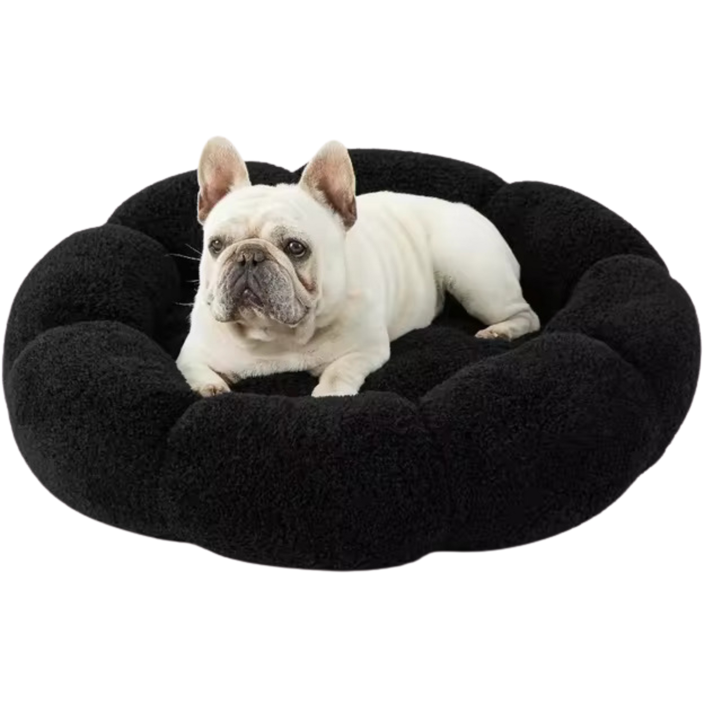 Calming Large Dog Bed - Fluffy Flower Donut Bed in Plush Teddy Sherpa with Non-Slip Base