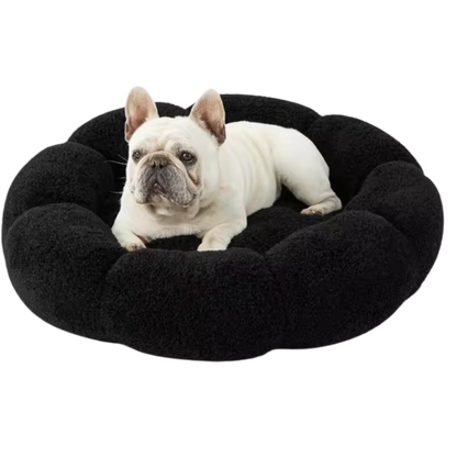 Calming Large Dog Bed - Fluffy Flower Donut Bed in Plush Teddy Sherpa with Non-Slip Base