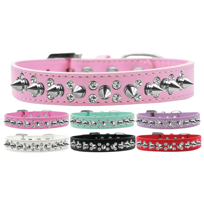 Collar elegante para perros con cristales dobles y púas plateadas | Accesorio para mascotas