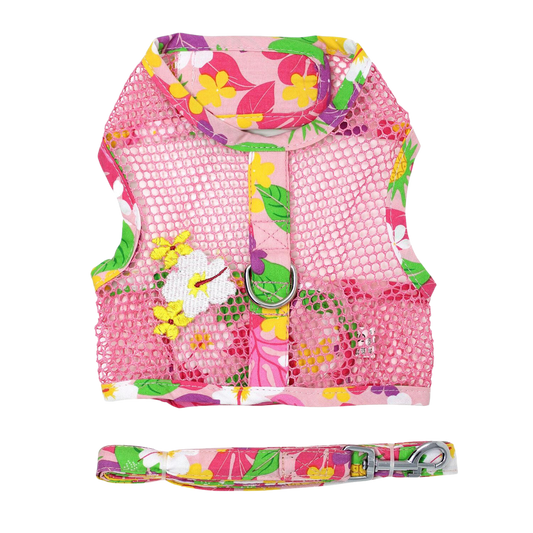 Cool Mesh Dog Harness with Leash - Pink Hawaiian Floral Design